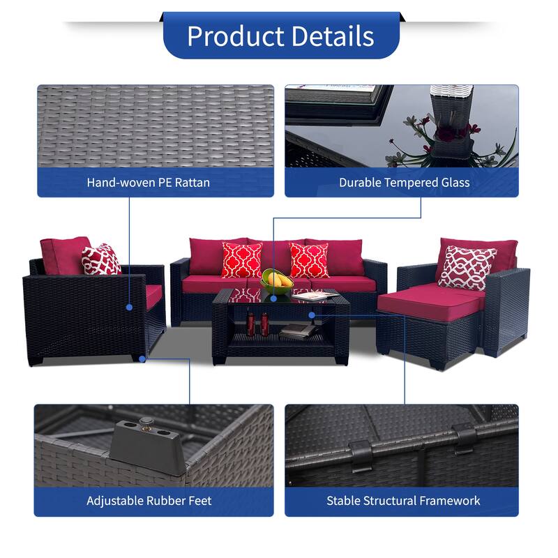 7 Piece Patio Furniture Set, Outdoor PE Rattan Wicker Sectional Sofa Set with 2 Sofa Chairs and Tempered Glass Table