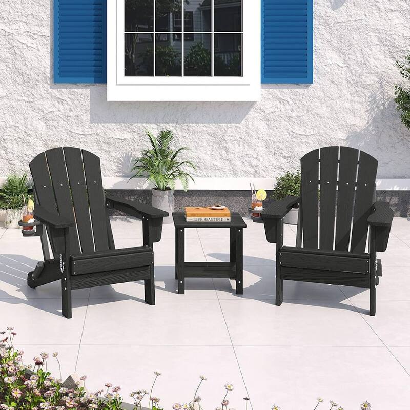 Set of 2 All-Weather HDPE Folding Adirondack Chair For Patios, Decks, Gardens with 1 Table - Black