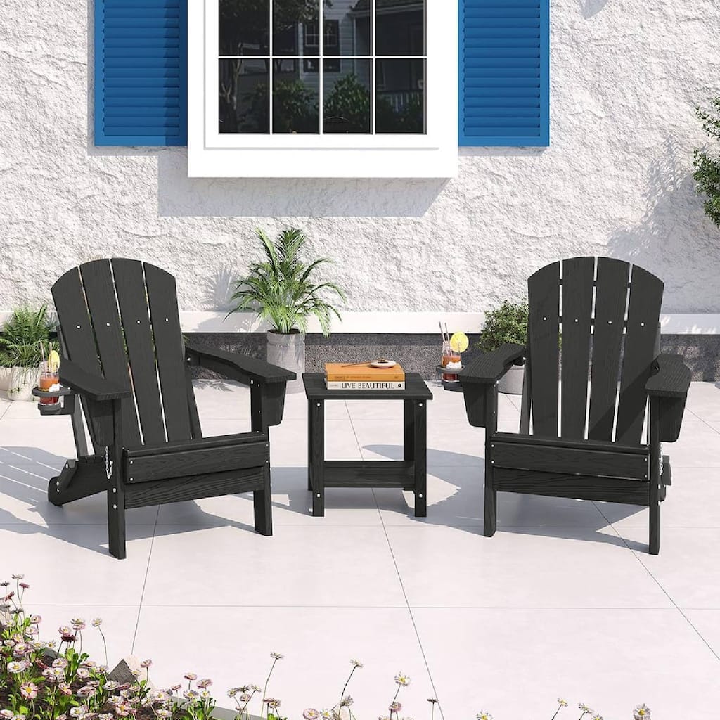 Set of 2 All-Weather HDPE Folding Adirondack Chair For Patios, Decks, Gardens with 1 Table
