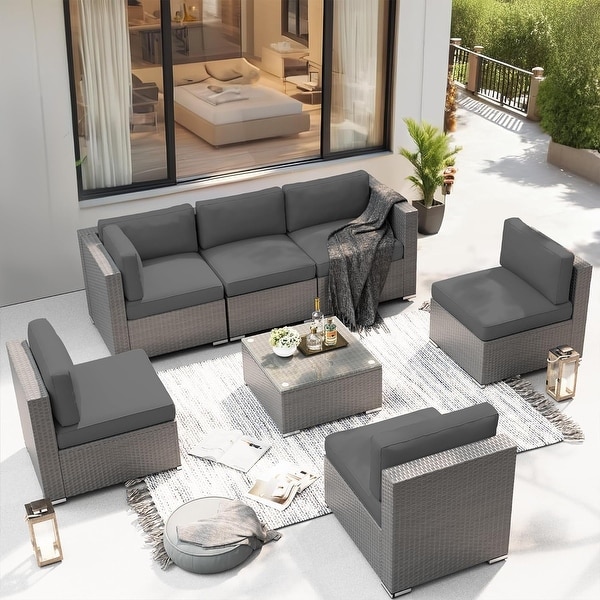 SUNCROWN 7 piece Outdoor Patio Grey Wicker Rattan Sectional Sofa Conversation Set On Sale Bed Bath Beyond 36075936