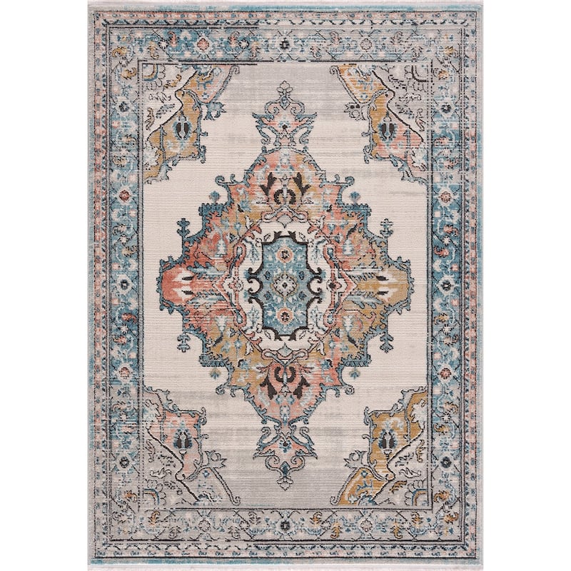 Traditional Persian Bordered Ikat Turquoise Ivory Orange Area Rug
