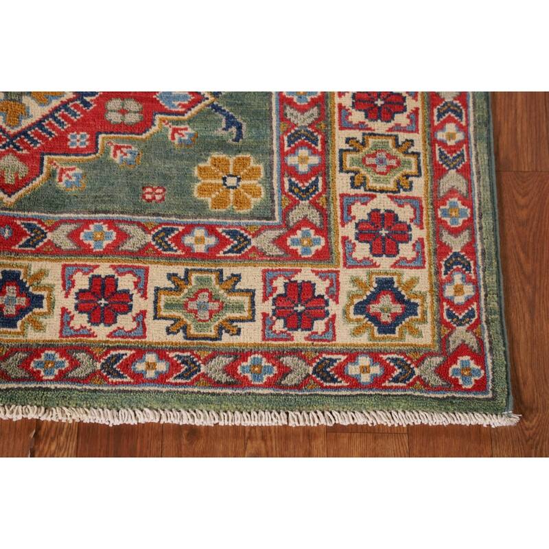 Green Geometric Kazak Accent Rug Handmade Oriental Wool Carpet - 3'4"x 4'10"