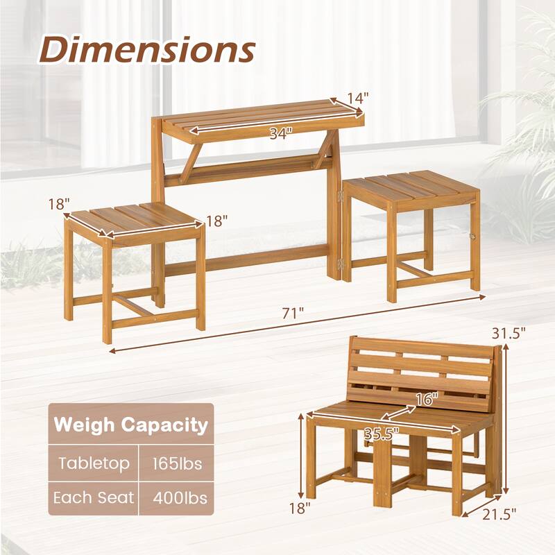 Gymax 3-in-1 Outdoor Acacia Wood Loveseat Bench Furnitur w/ Slatted