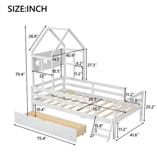 dimension image slide 1 of 2, Twin Solid Wood House Bed with Guardrail & Drawer