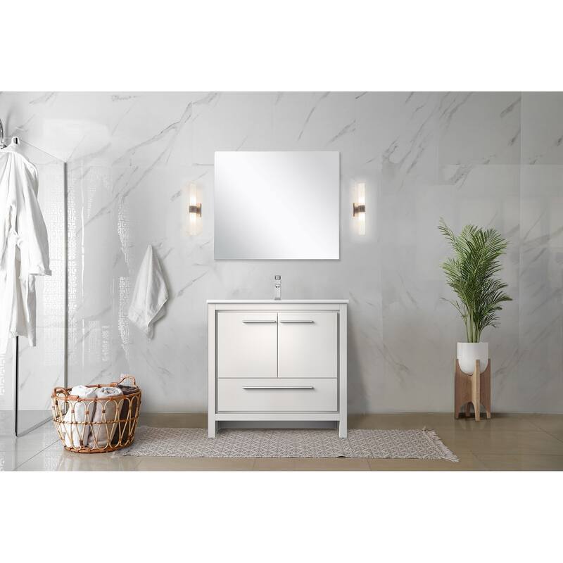 Lafarre Bath Vanity, White Quartz Top, Chrome Faucet Set and Mirror