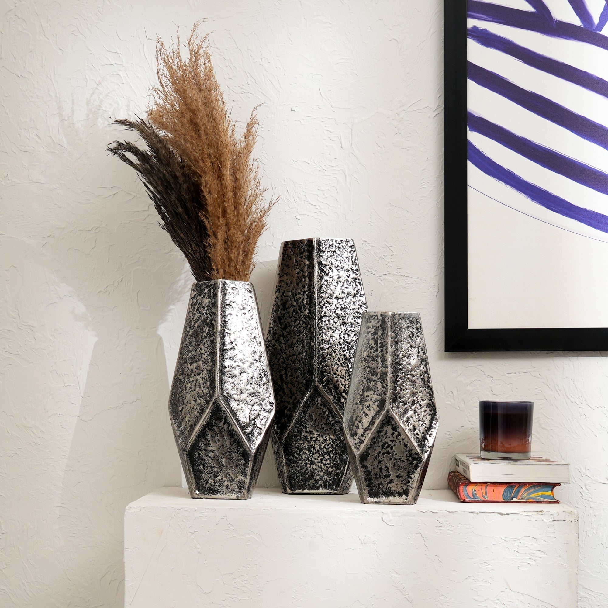 Set of 3 Antique Aluminum Vases - Nickel Finish Table Accents