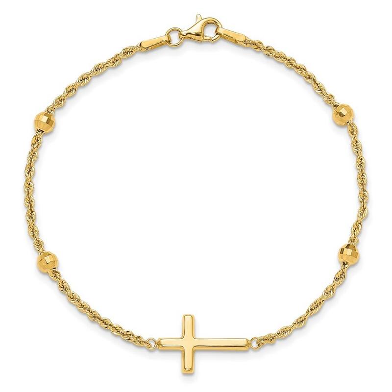 Curata 14k Yellow Gold 7.5" 11mm Diamond Cut Beads Cross Rope Bracelet