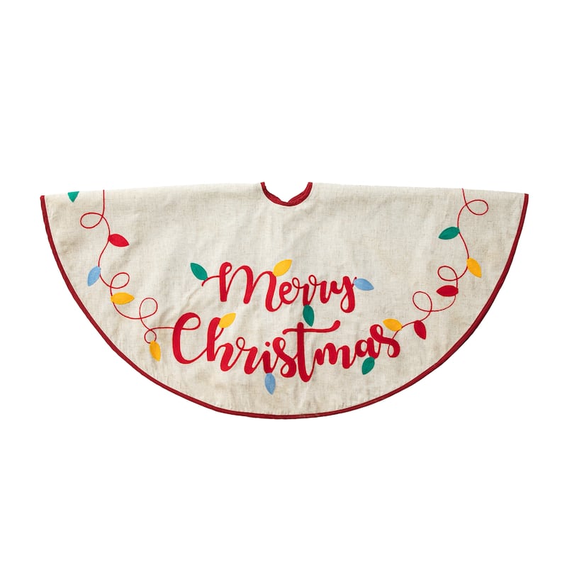 Glitzhome 48"D Pre-lit LED Embroidered Linen Merry Christmas Tree Skirt