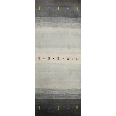 Hand Knotted Oriental 100% Wool Carpet Tribal Animal Pictorial Greys & Charcoal Gabbeh Runner Rug - 6' 5'' X 2' 4''