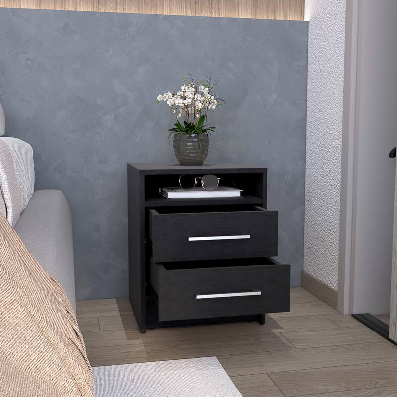 Black Nightstand with 2 Drawers, 1 Shelf, and Modern Style