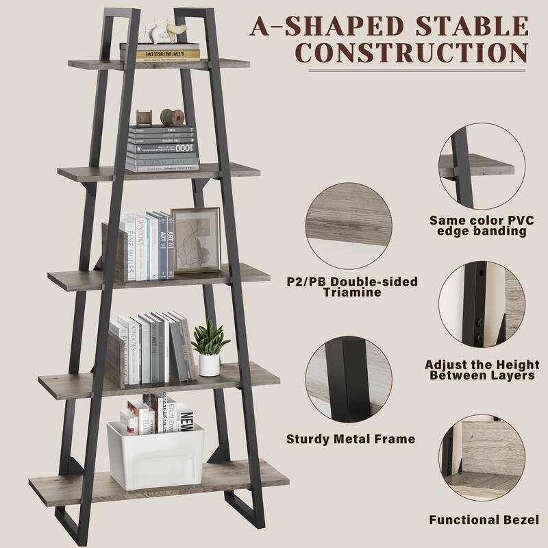 Bookshelf 5 Tier Industrial Wood, Tall Open Rustic Etagere Bookcase Ladder