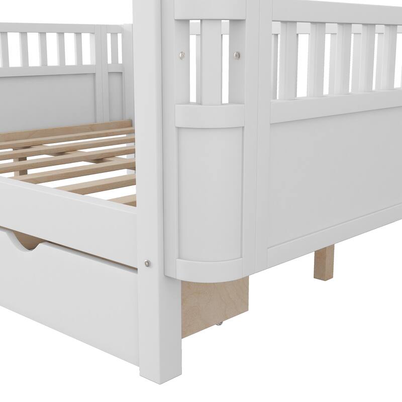 Wooden Kids Bed with 2 Storage Drawers, Guardrails and Removable Side Rail, Rounded Corners Frame Montessori Bed, Toddler Bed