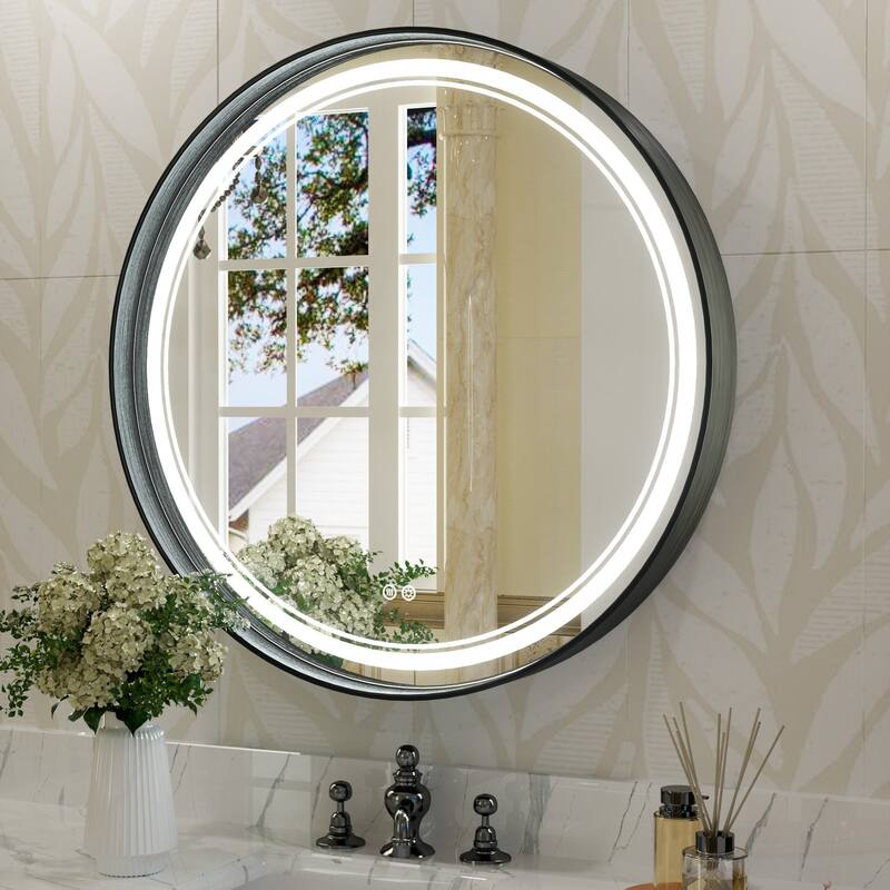 KEONJINN Round LED Front Light Bathroom Vanity Wall Mirror 3 Colors, Anti-fog, Metal Frame