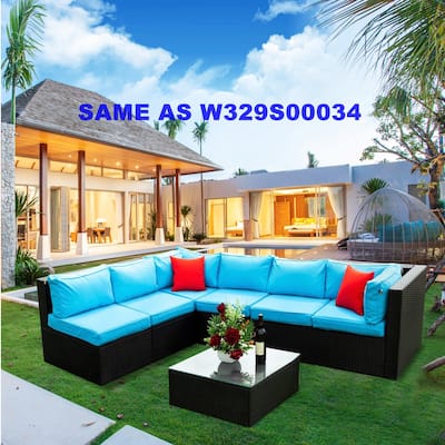 5 Piece Patio Furniture Set, Outdoor PE Rattan Conversation Set, Outdoor Sectional Couch Set with 2 Pillow and Glass Table
