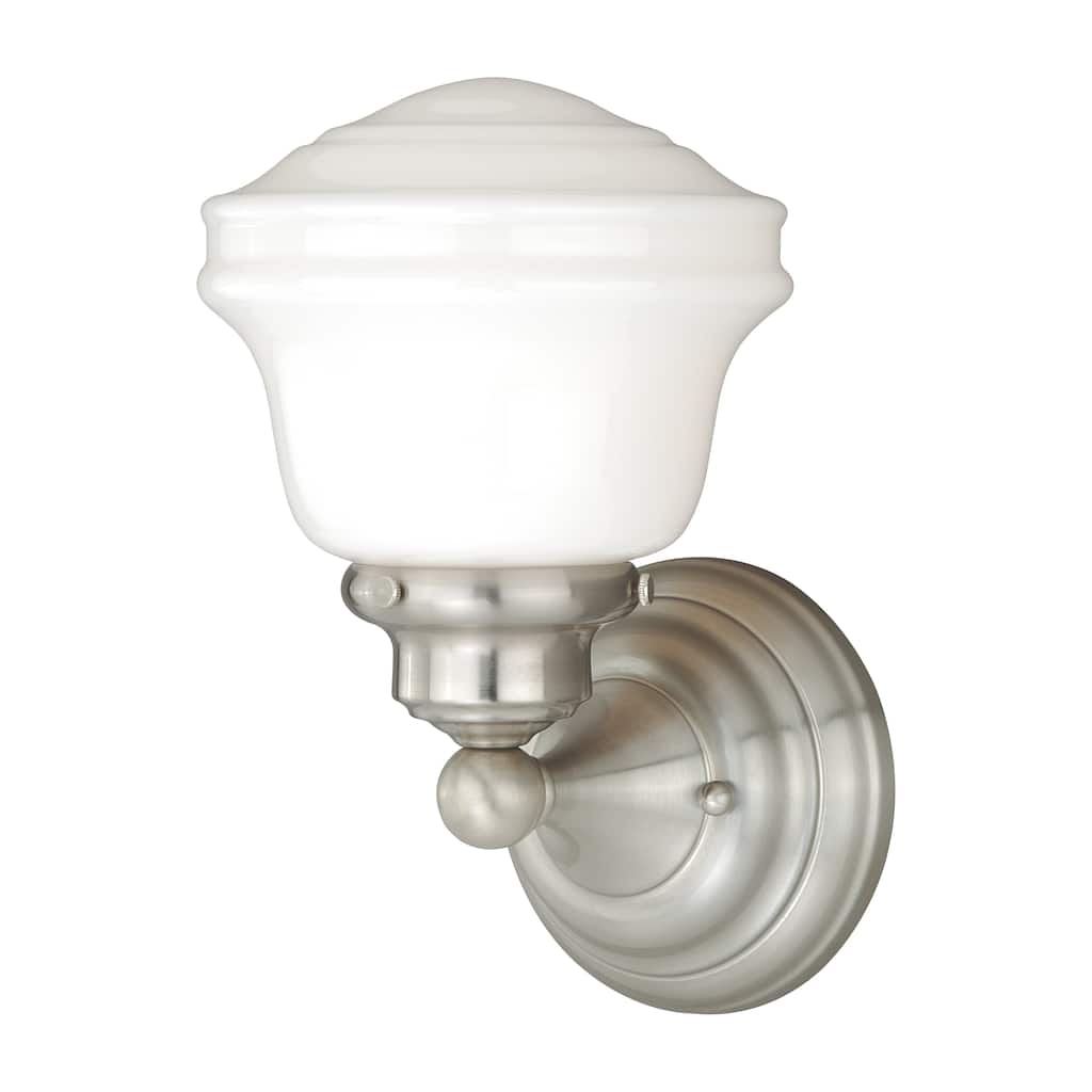 Huntley 1-Light 6.75 in. W Satin Nickel Bathroom Vanity Lighting Fixture, White Schoolhouse Glass Globe, Wall Mounted Sconce