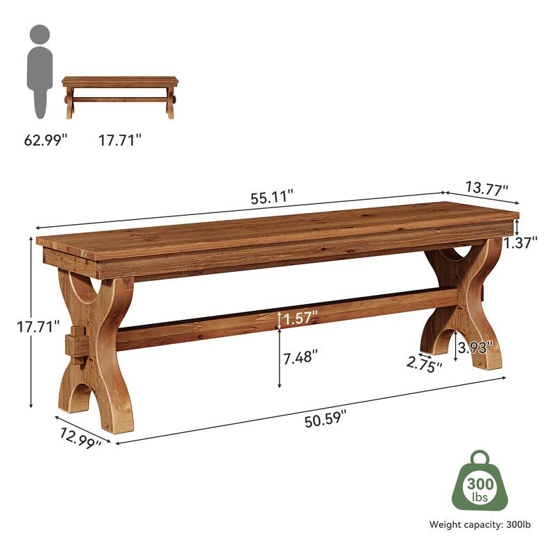 Solid Wood Entryway Bench, 55-Inch Narrow Farmhouse Indoor Bench
