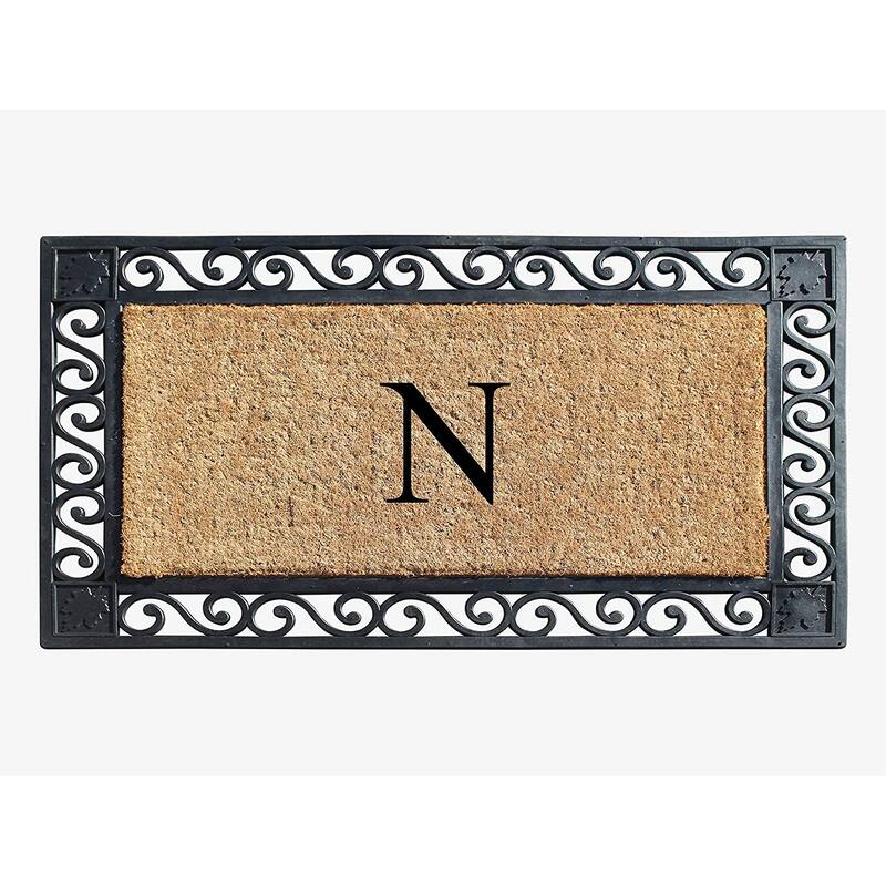A1HC Rubber and Coir Maple Leaf, Heavy Weight Durable Monogrammed Doormat, 23"X38" Black - N    