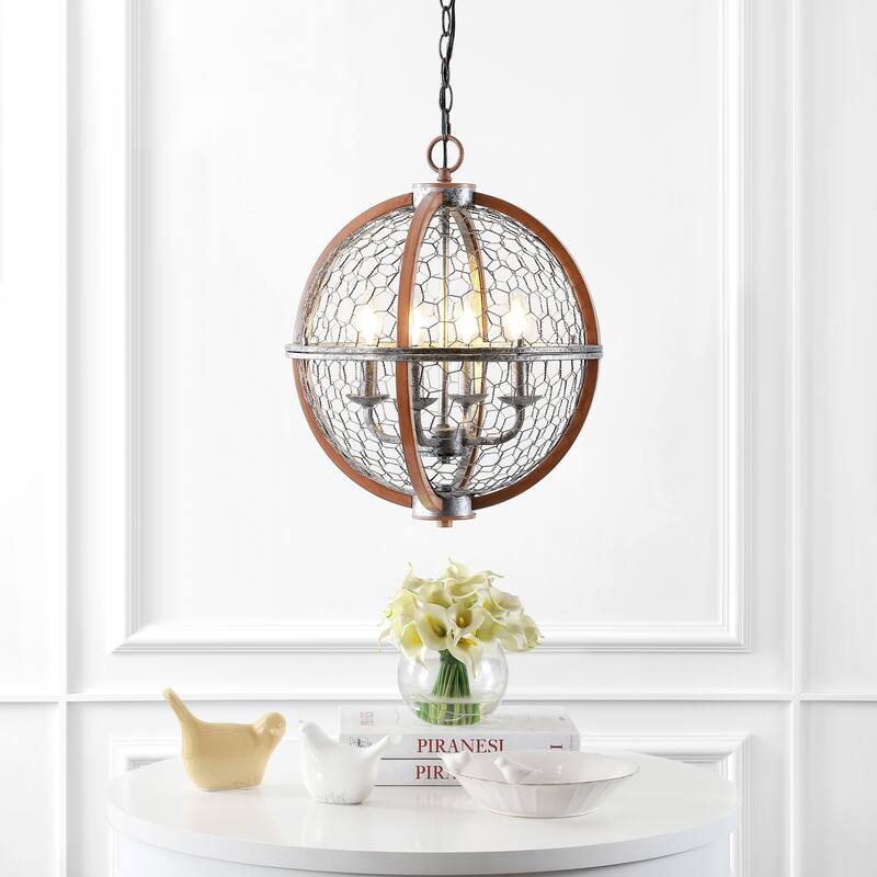 Paysan 16" 4-Light Adjustable Iron Rustic Industrial LED Pendant, Brown/Silver by JONATHAN Y