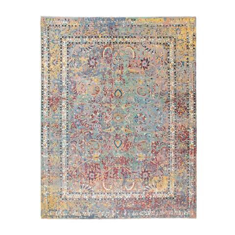 Shahbanu Rugs Pastels Pure Silk With Textured Wool Erased Persian Design Hand Knotted Oriental Rug (9'0" x 12'0") - 9'0" x 12'0"