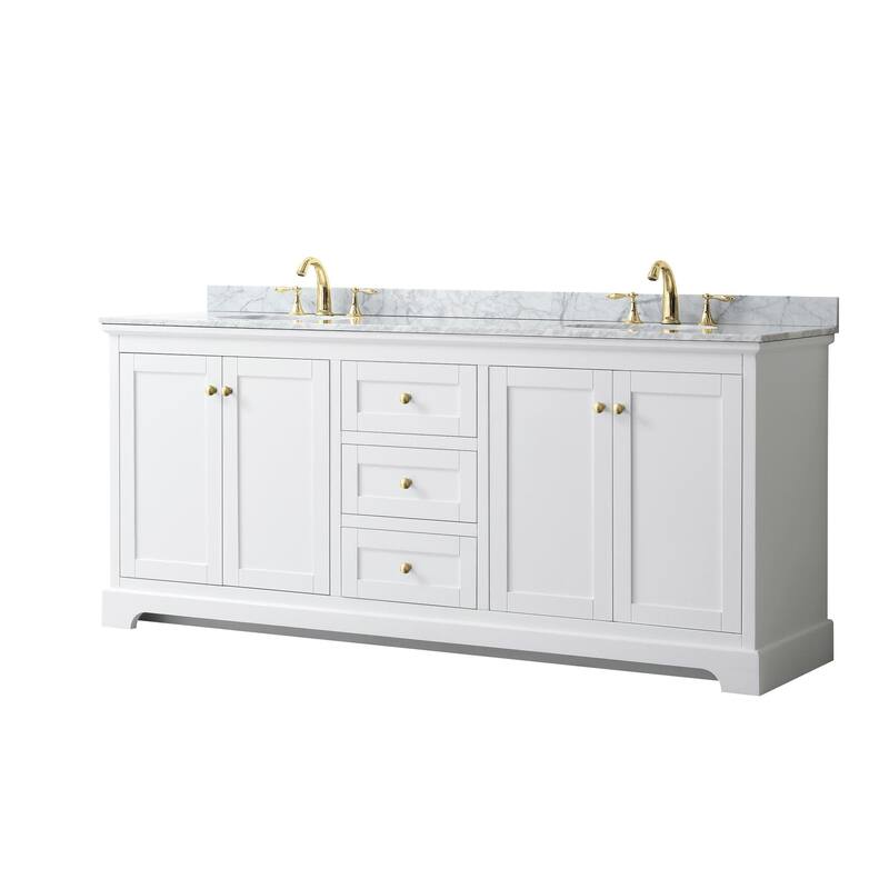 Wyndham Collection Avery 80" Free Standing Double Basin Vanity Set - White / White Carrara Marble Top / Brushed Gold - Painted