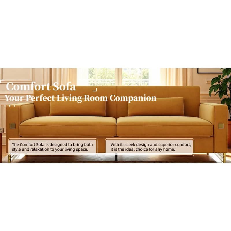 Roomfitters Mid-Century Modern Upholstered Sofa with Gold Metal Legs and Square Arms, Elegant Couch for Living Room