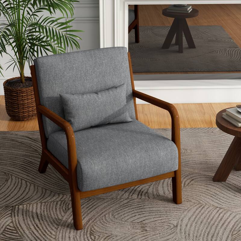 Mid-Century Modern Upholstered Accent Chair with Wood Frame - Brown Wood/Linen - Grey/Linen/Brown Wood