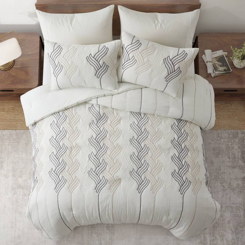 All Season Rope Embroidery Comforter Set, Elegant Quilted Down Alternative Bedding Set