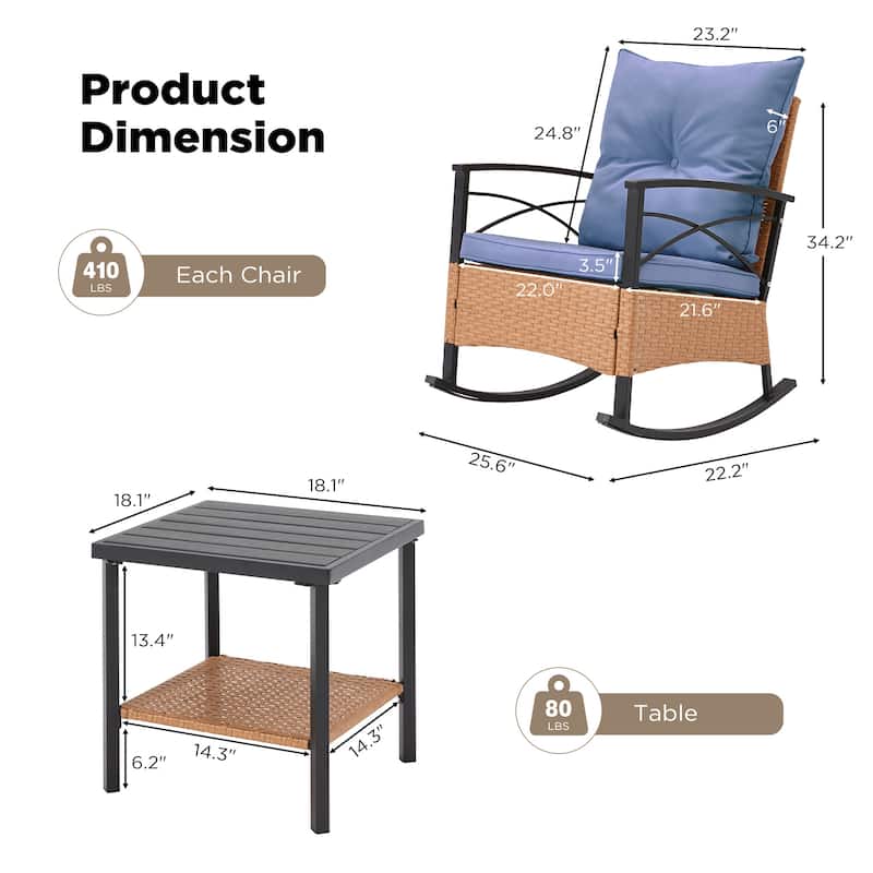 3-Piece Outdoor Rocking/Swivel Chair Set - PE Rattan Patio Furniture with Cushions & Coffee Table, Rocker Chairs for Backyard