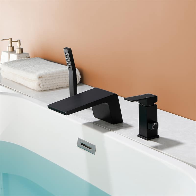 Waterfall Deck Mount Tub Faucet with Hand Shower Brass 3 Holes Modern Matte Black Tub Filler with Valve