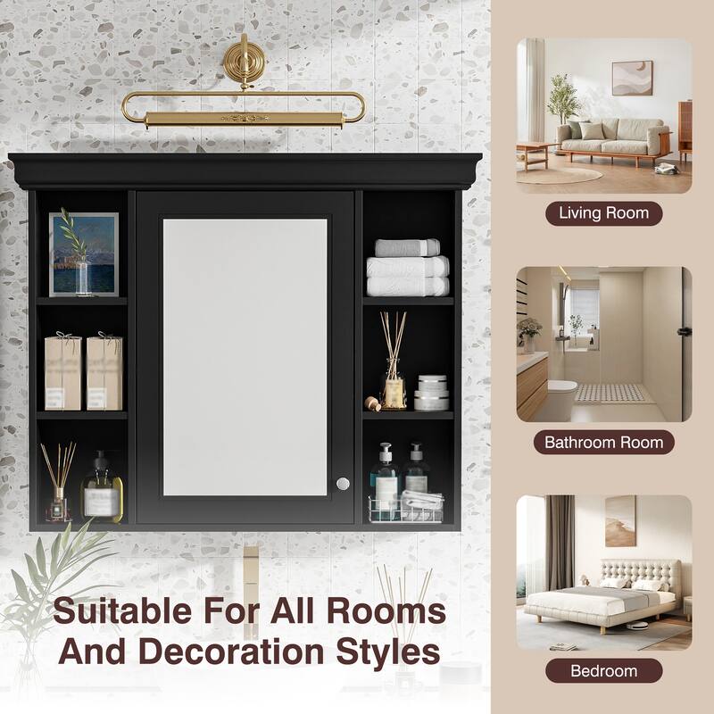 35'' x 28'' Wall Mounted Bathroom Storage Cabinet with Mirror Door - Black