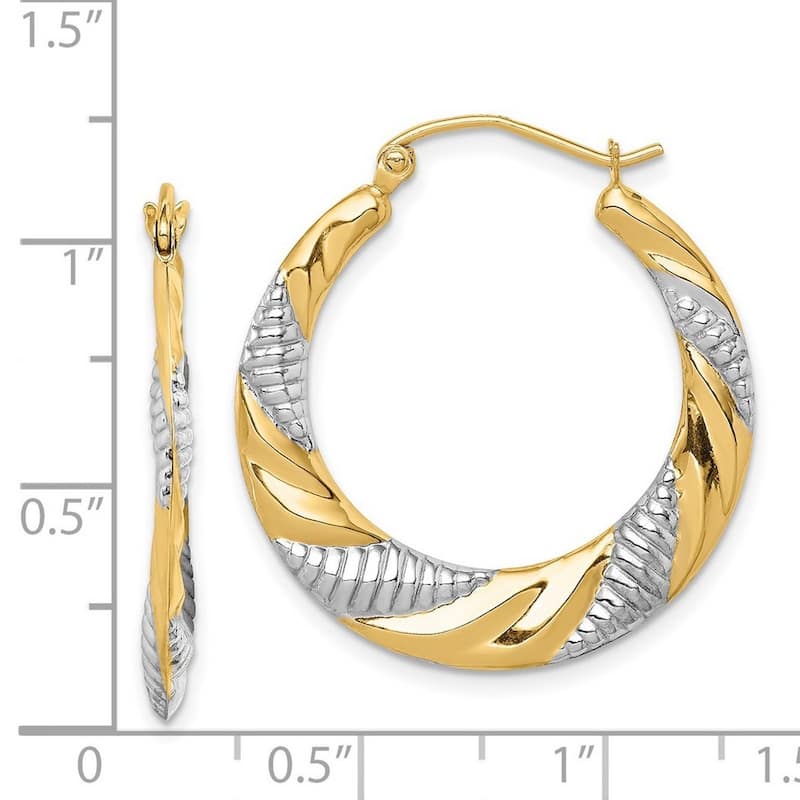 Curata 14k Yellow Gold and Rhodium Textured Stamped Hoop Earrings 28.6x26.9mm