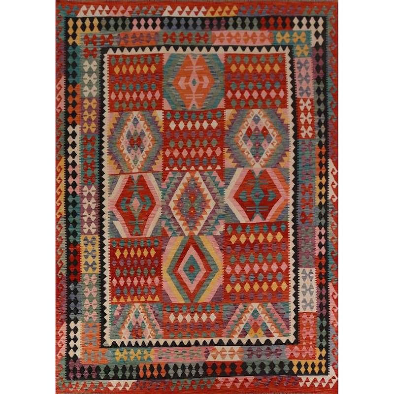 Geometric Kilim Oriental Rug Hand-Woven Multi-Color Wool Carpet - 8'5"x 11'2"