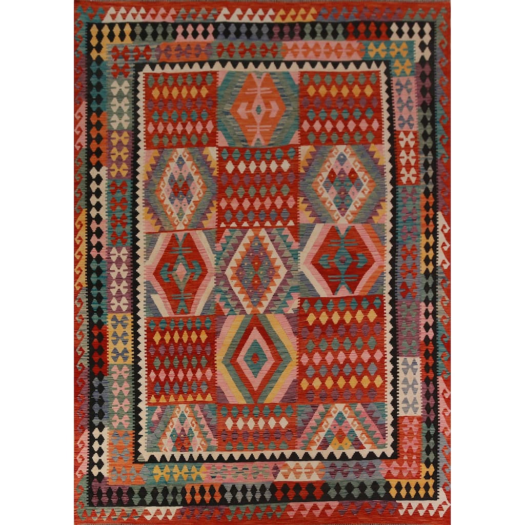 Geometric Kilim Oriental Rug Hand-Woven Multi-Color Wool Carpet - 8'5"x 11'2"