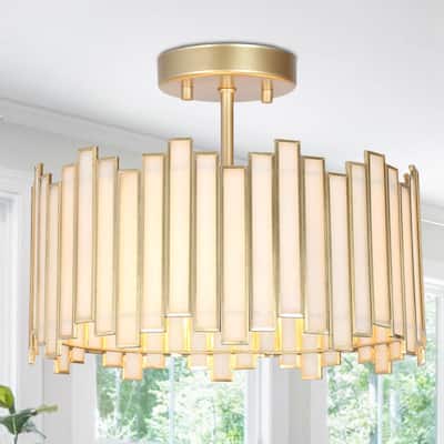 Modern Gold 3-Light Chandelier Metal Drum Semi-Flush Mount for Dining Room - 12.6" D x 10.2" H