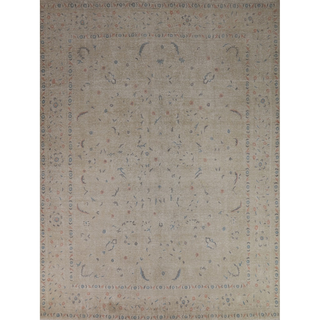 Distressed Floral Tabriz Persian Area Rug Hand-Knotted Wool Carpet - 9'5"x 10'10"