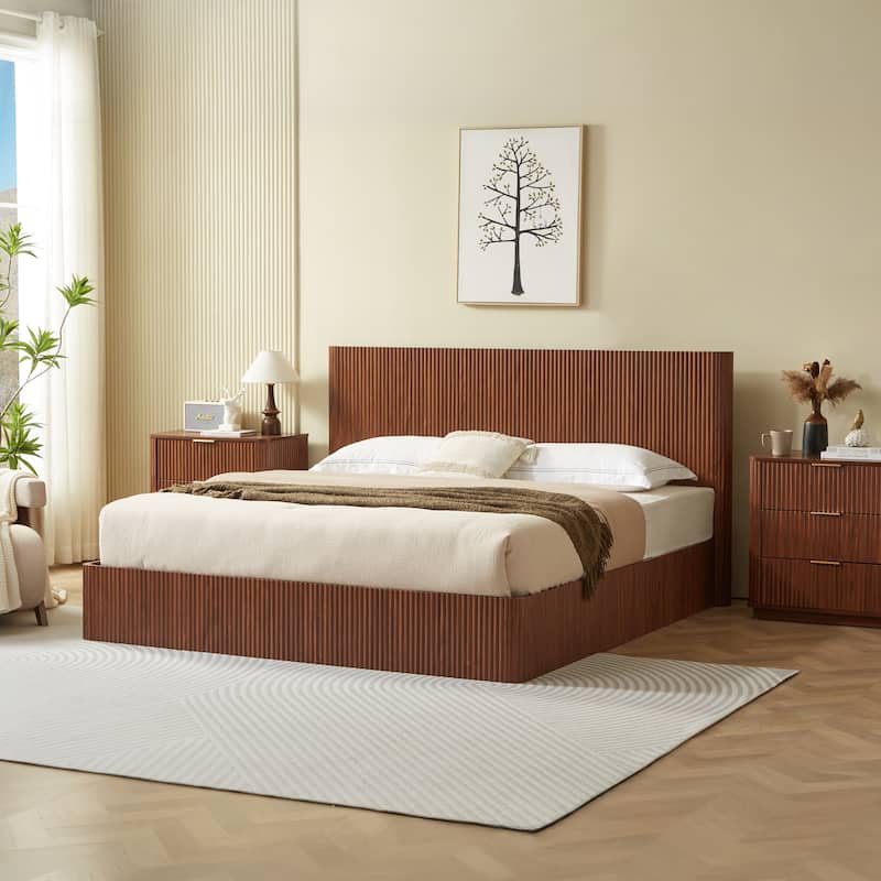 Platform Bed Lift Up Hydraulic Storage Bed Frame Wooden Corrugated Curved Lines Design Frame Wood Slat Metal Support Bed Frame