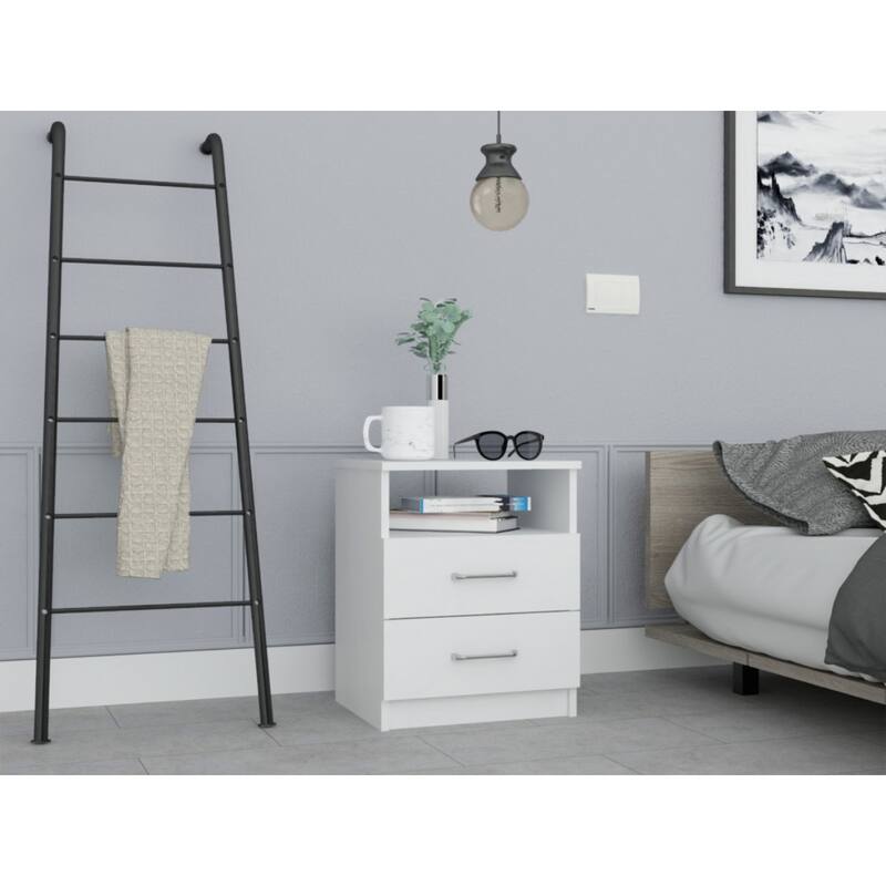 Medium White Nightstand with Drawers and Shelf Stylish Wooden End Table for Modern Bedrooms