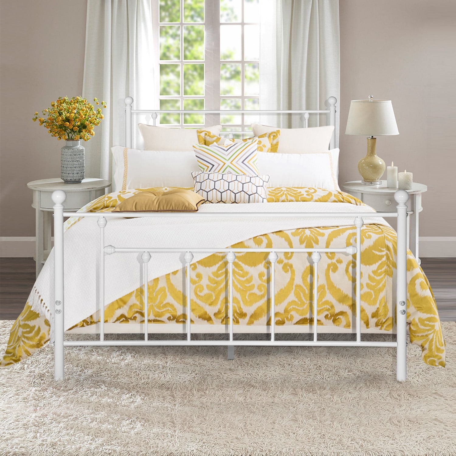 Shop Vecelo Antique White Metal Bed With Pipe Frame Headboard