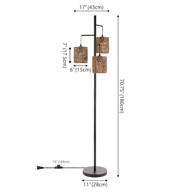 Lara 70.75" 3-Light Mid-Century Bohemian Metal/Rope LED Floor Lamp, Black/Natural, by JONATHAN Y
