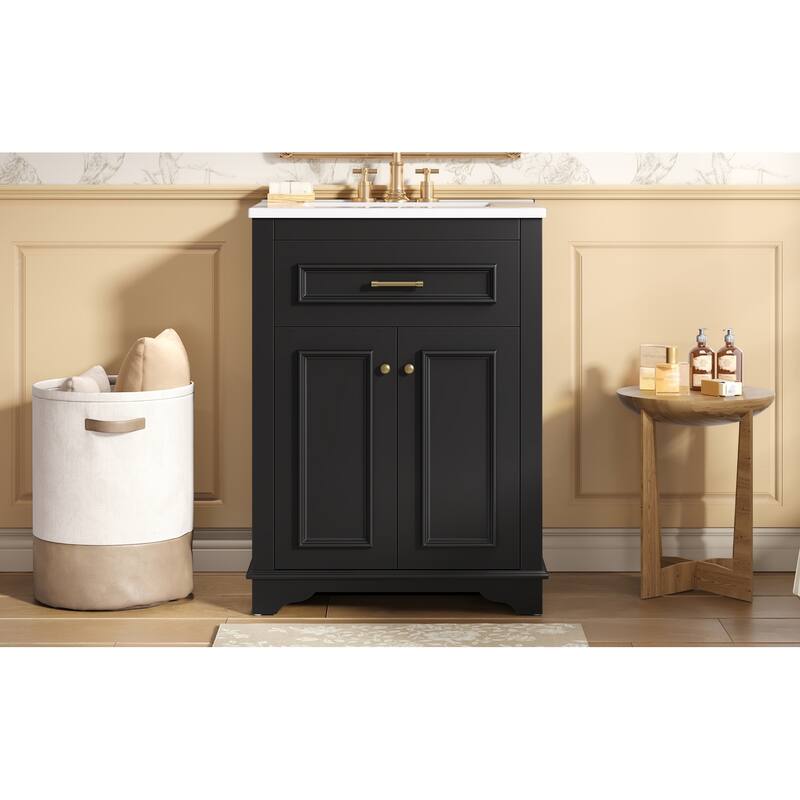 24" Bathroom Vanity with Integrated Ceramic Sink, Bathroom Cabinet with 2 Doors, 1 Tip-Out Drawer