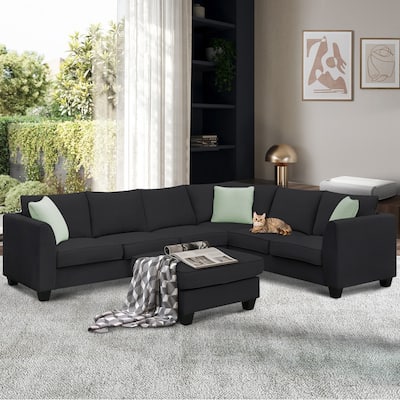 L Shape Fabric Sectional Sofa, 7 Seats Modular Sectional Sofa with Ottoman, 3 Pillows