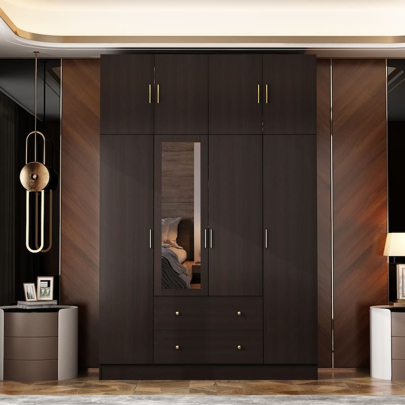 4 Door Wardrobe Large Storage Cabinet Armoire with Mirror and 2 Drawer