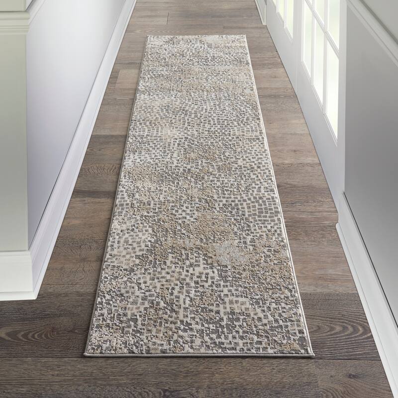 Michael Amini MA90 Uptown Abstract Area Rug - 2'2" x 7'6" Runner - Beige/Grey