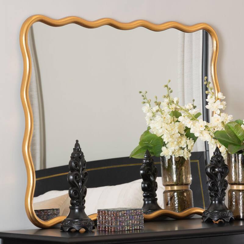 Cassara Gold Scalloped Rectangular Wall Mirror - Stylish Curved Edge Decorative Accent for Living Room, Bedroom, or Entryway