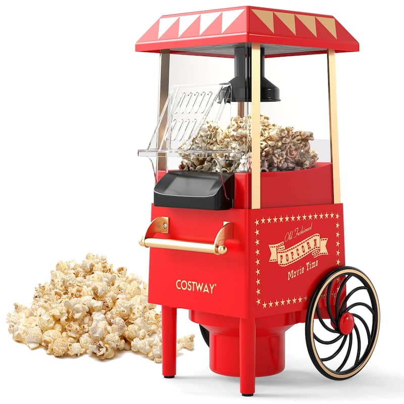 Costway Retro Hot Air Popcorn Maker 1200W, Oil-Free & Fat-Free, Makes - See Details - Red - See Details