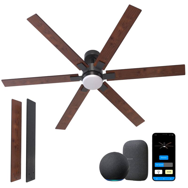 ProMounts All Seasons 60" Ceiling Fan with Light, Quiet, Alexa/Google, 3 Color LED Lights, Reversible, Walnut