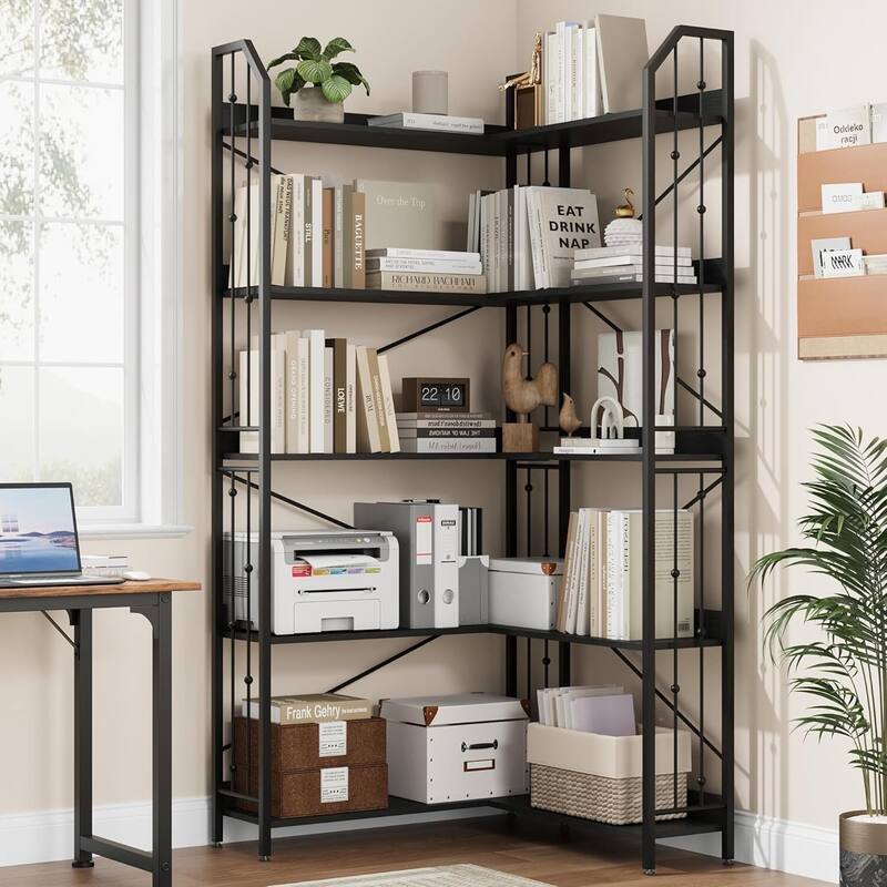 72" 5 Tier Industrial Corner Bookshelf, L-Shaped Bookcase - N/A - Black