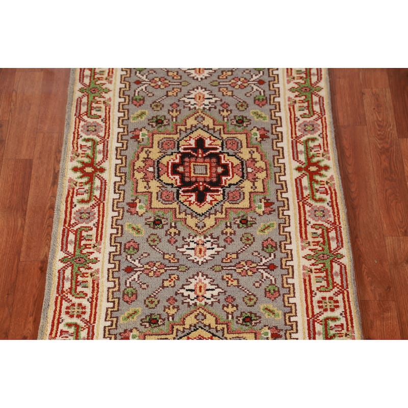 Gray Geometric Heriz Serapi Oriental Runner Rug Handmade Wool Carpet - 2'7" x 7'11"