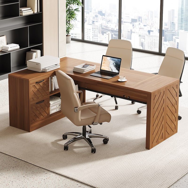 78.7" L-Shaped Executive Desk, Large Home Office Corner Desk with 2 File Drawers & Storage Shelves - Brown