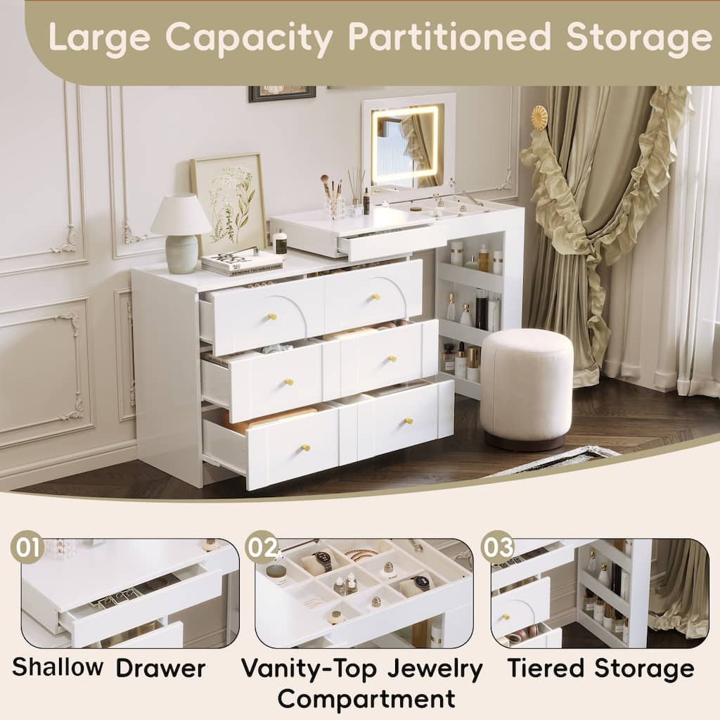 L-shaped Makeup Vanity Dressing Table with Flip-Top Makeup Mirror, Adjustable LED Lights & 7 Drawers